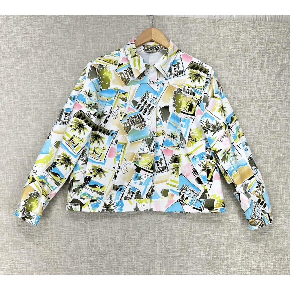 Laura Ashley Jacket Womens PM Petite Multicolor Beach Print Sequin Button Lined